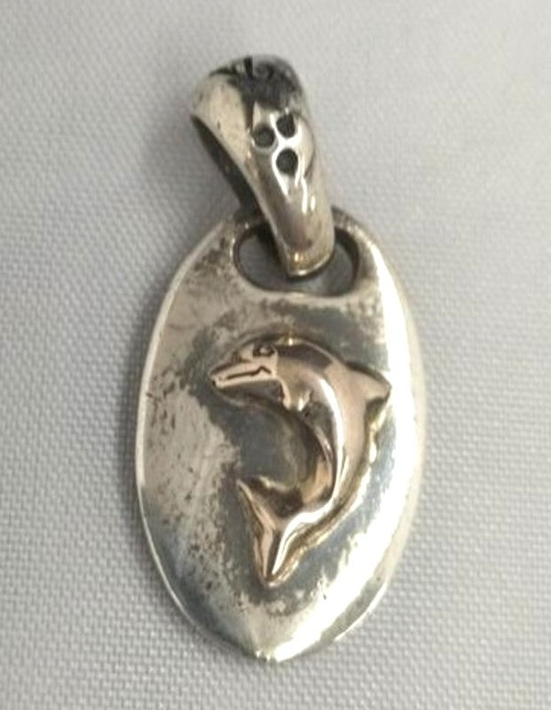 A&G 950 Silver Pendant Top Dolphin Motif Oval Charm Necklace Top Japan 3cm 1.2"