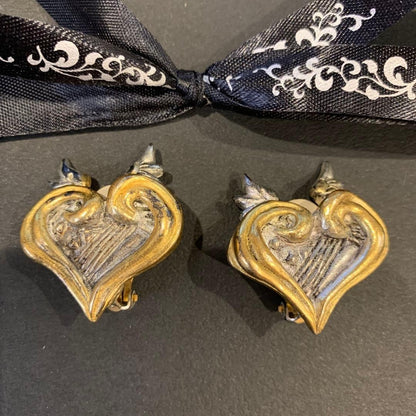 Christian Lacroix Vtg Angel Heart Clip Earrings Silver Gold Combo 2.7x3.2cm Auth