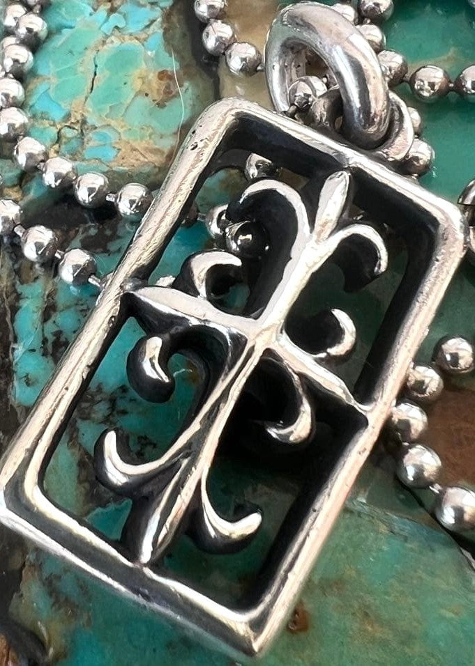 A&G 90s Frame Cross Pendant Necklace Ball Chain Silver 925 USA 35mm Vintage Used