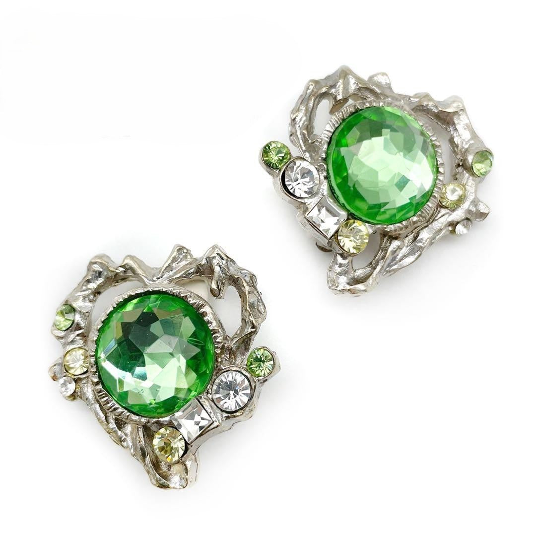 Christian Lacroix Auth Vtg Silver Heart Colorstone Clip Earrings 3x3.5 cm Used
