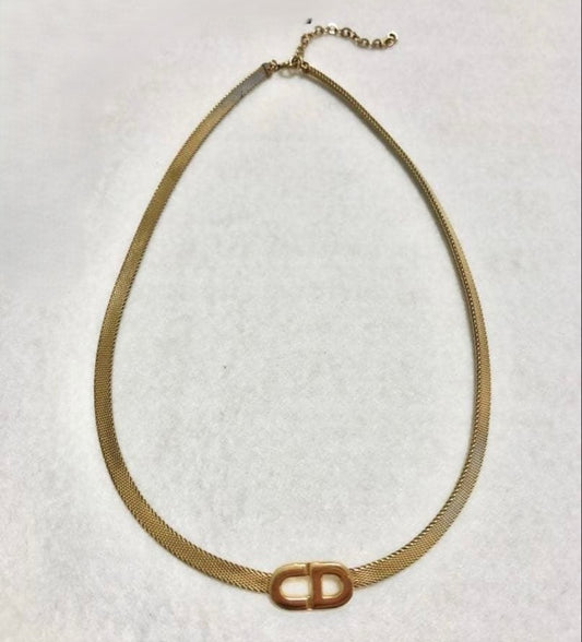 Christian Dior Gold Plated CD Logo Choker Necklace Mesh Chain L 15.3in