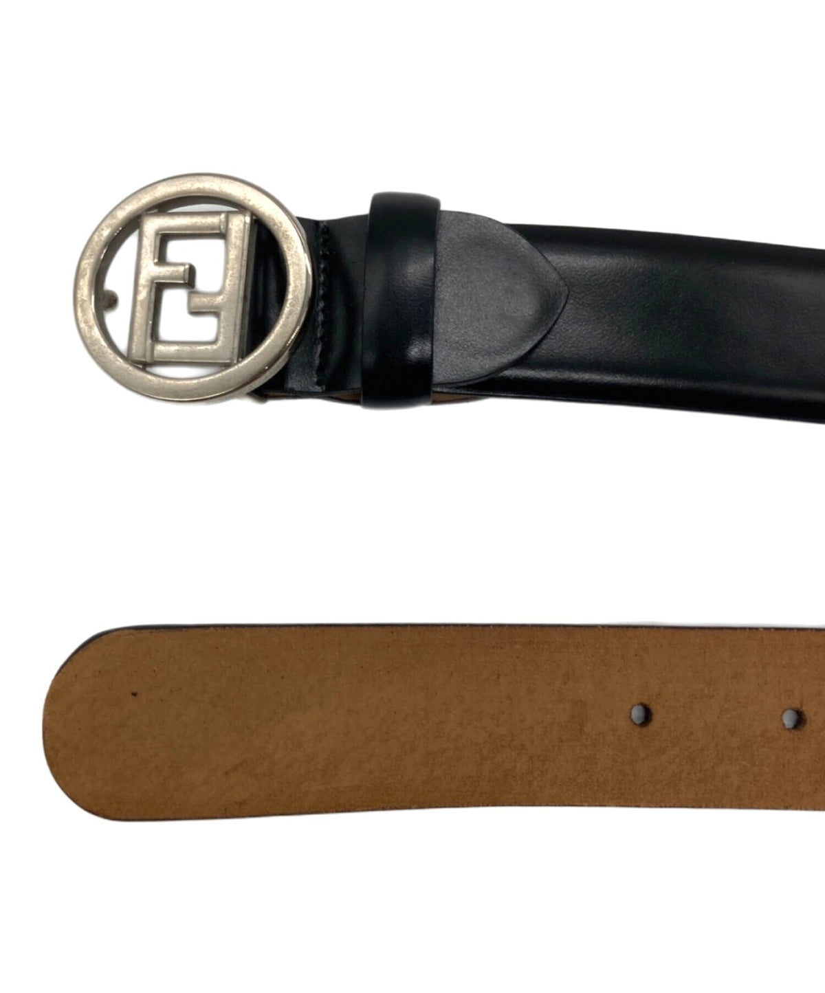 FENDI FF Logo Buckle Belt Mens Black Leather Silver Hardware 90cm 35.4in Italy