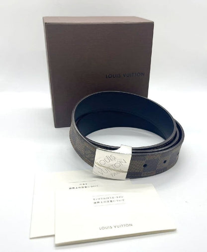 LOUIS VUITTON Damier Ceinture Brown Leather 5 Holes Belt Women Size 80 32