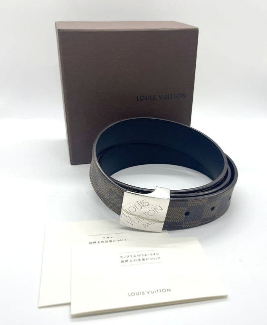 LOUIS VUITTON Damier Ceinture Brown Leather 5 Holes Belt Women Size 80 32