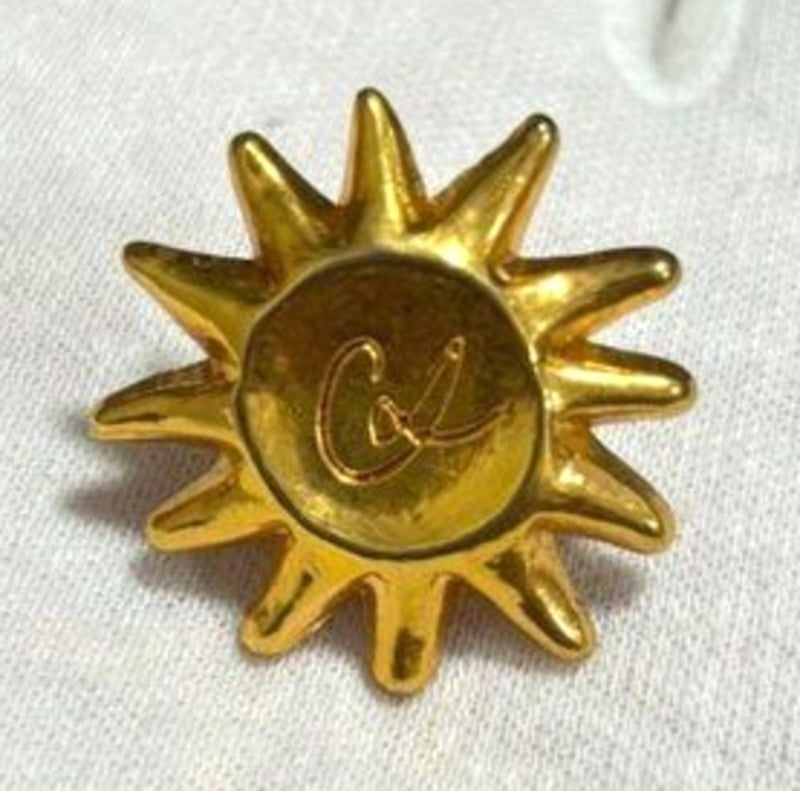 Christian Lacroix Sun Pin Brooch Gold Tone Vintage Badge Lapel Pin France Made