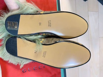 Gucci Disney GG Monogram Mickey Mouse Fur Princetown Slippers Size 34 Near Mint