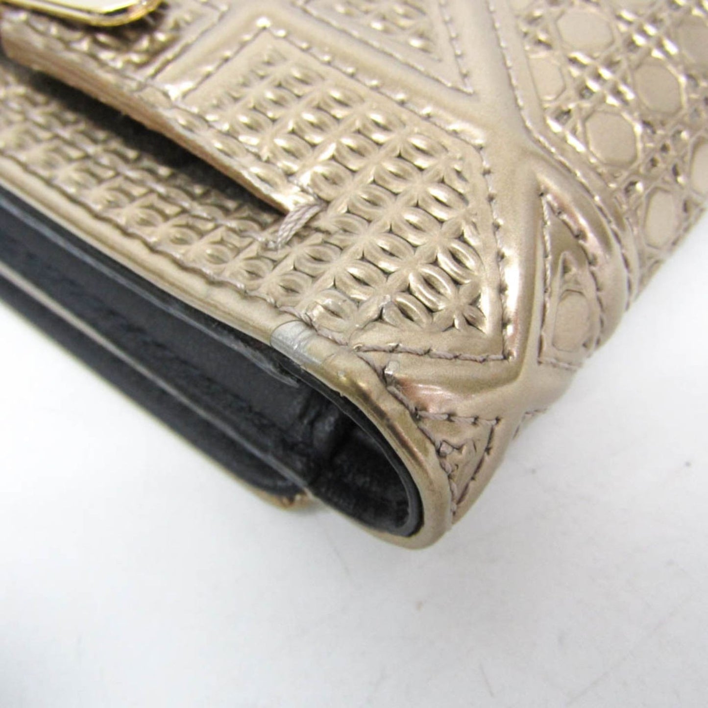 Dior Champagne Gold Micro Cannage Patent Leather Diorama Trifold Wallet Auth