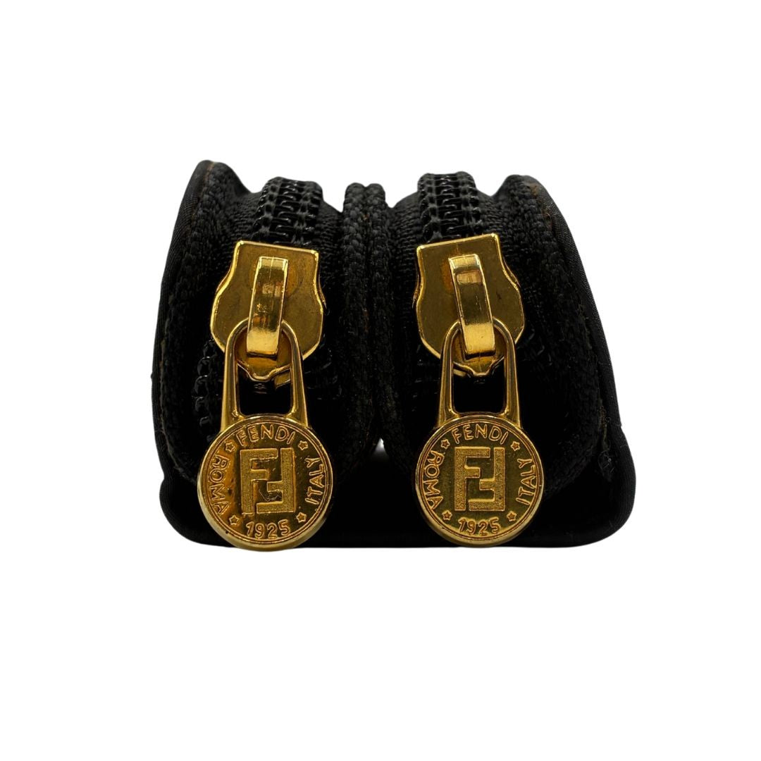 FENDI Pecan Double Zipper Lip Case Pouch Black Nylon Gold FF Logo Zip Pull