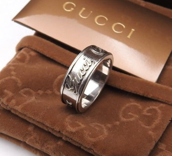Vintage GUCCI Logo Ring Sterling Silver 925 Size 55 US 7 With Box Used Japan
