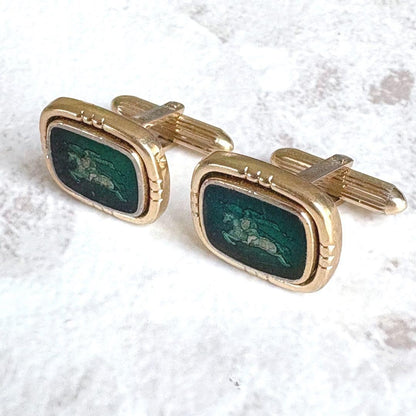 Burberrys Vtg Horse Logo Cufflinks Gold Green Shadow Knight 1.5x1.9 cm 0.6x0.7"