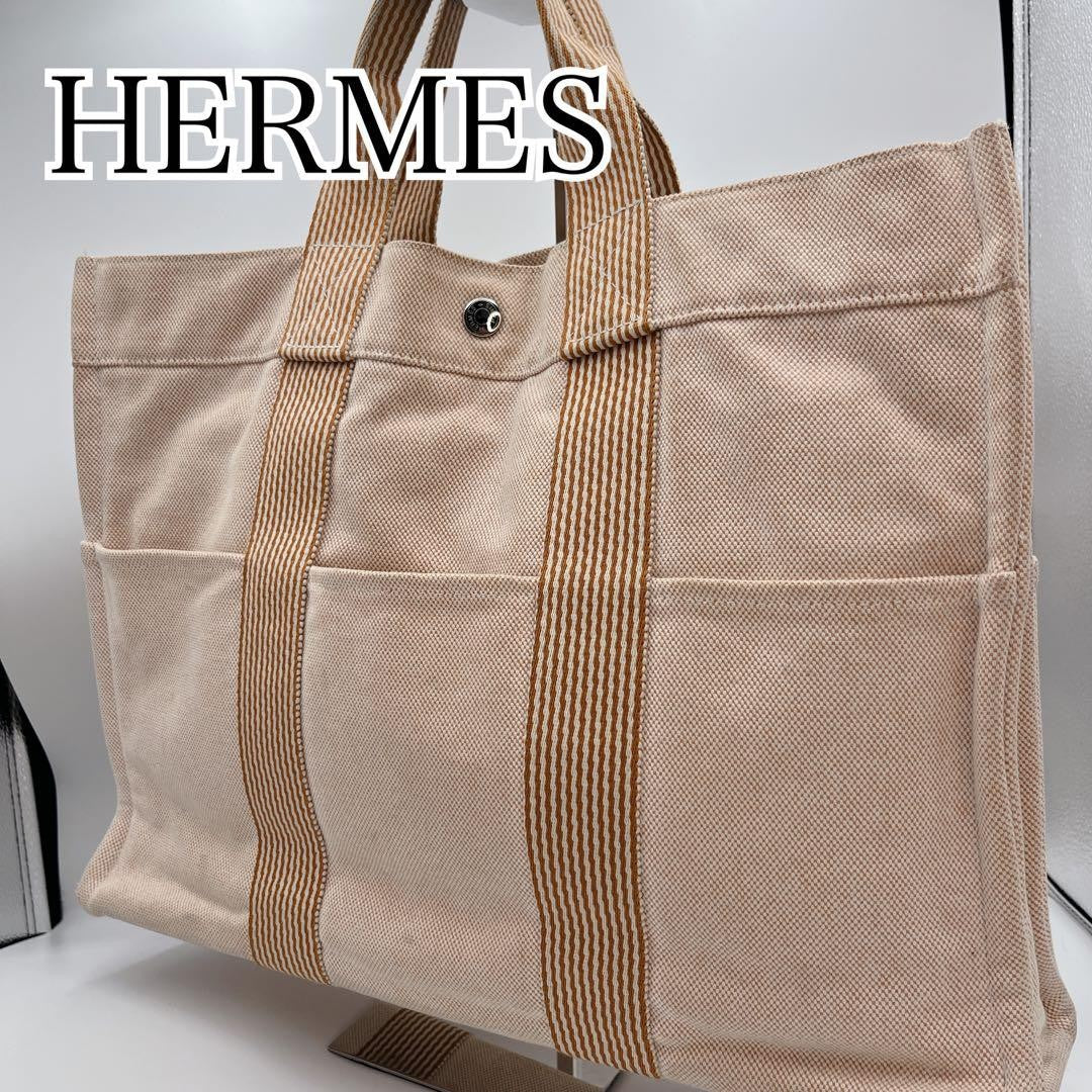 Hermes Authentic Fourre Tout MM Canvas Tote Bag Orange 42x30cm 16.5x11.8" Used