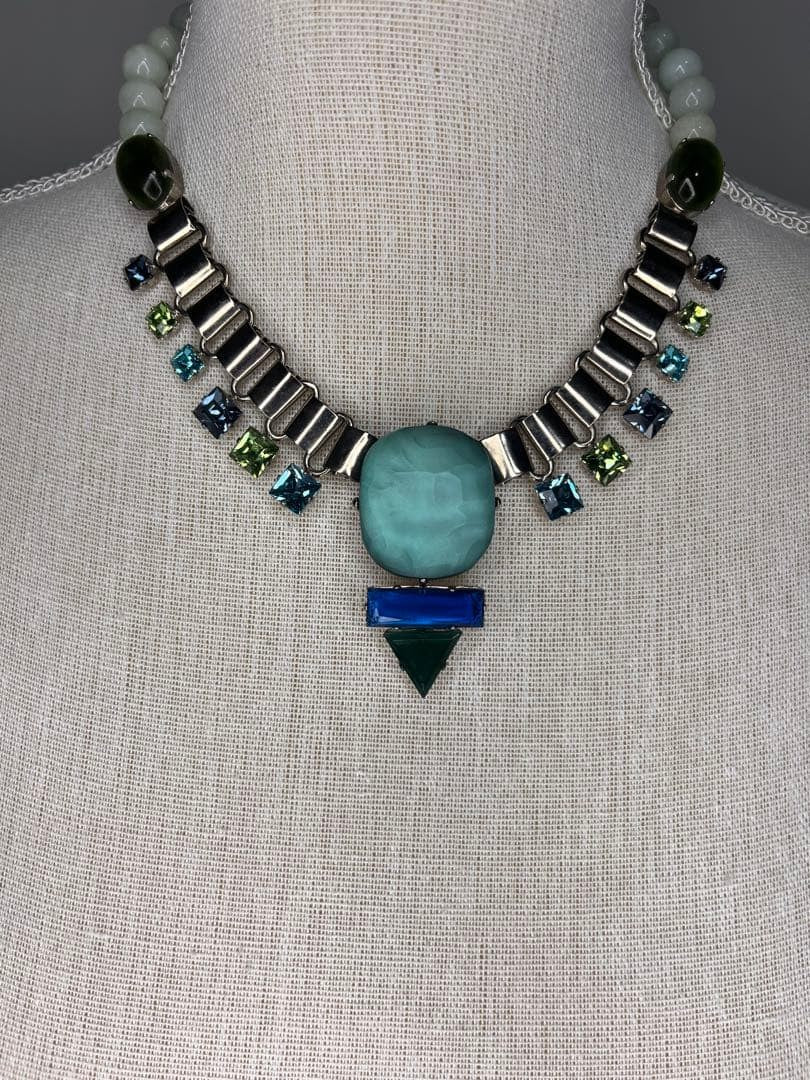 Philippe Ferrandis Green Blue Silver Bijou Chain Necklace Lobster Clasp Used