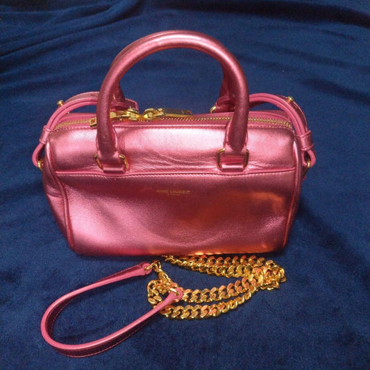 Saint Laurent Baby Duffle Gold Tone Chain Metallic Pink Leather Shoulder Handbag