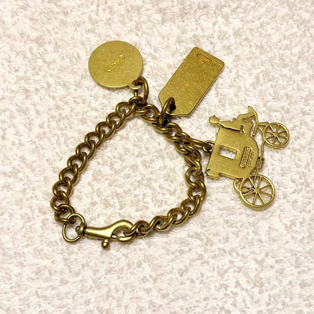 COACH Horse & Carriage Bag Charm Keychain Gold Tone Brass Chain Bracelet Style
