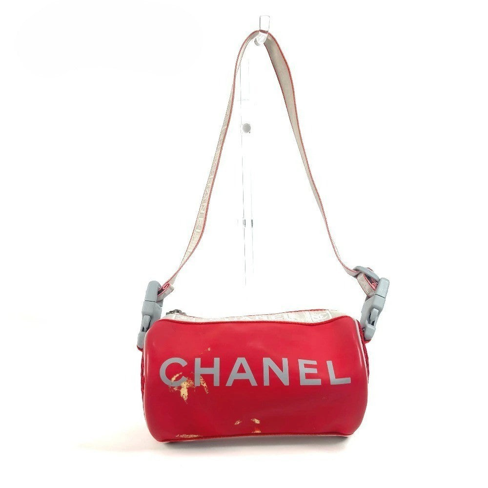 Chanel Auth Sport Line Mini Drum Bicolor Logo Shoulder Handbag Red Gray Coco