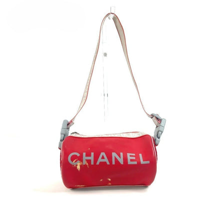 Chanel Auth Sport Line Mini Drum Bicolor Logo Shoulder Handbag Red Gray Coco