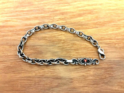 DEAL DESIGN 925 Sterling Silver Chain Bracelet Red Stone Scrollwork Used Japan