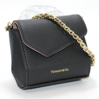 Near Mint Tiffany & Co Leather T Nano Mini Bag Pouch Black Gold Tone Chain