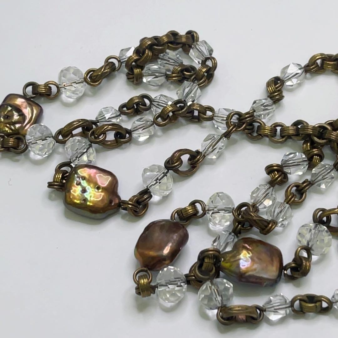 Vintage Stephen Dweck Bronze Pearl Crystal Long Toggle Necklace Used Japan