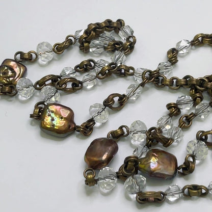 Vintage Stephen Dweck Bronze Pearl Crystal Long Toggle Necklace Used Japan