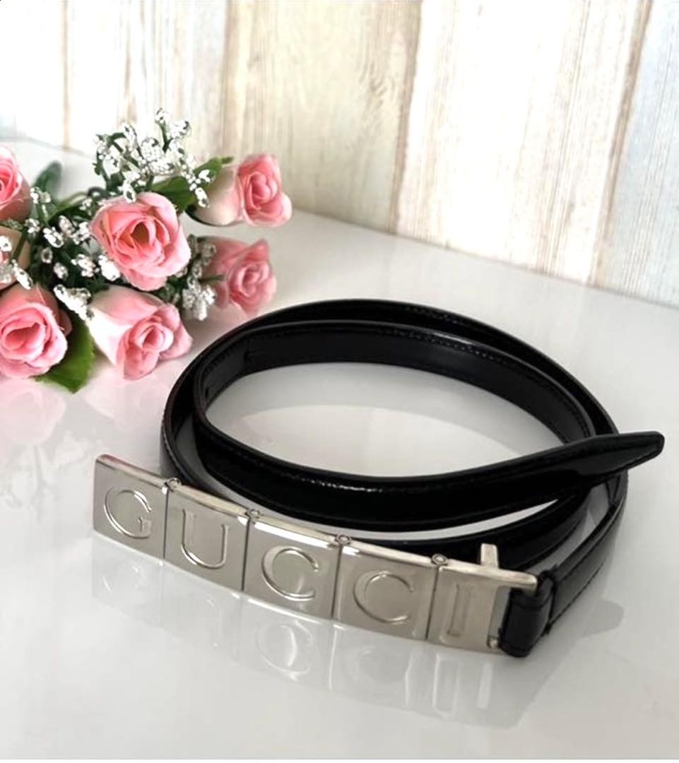 Gucci Silver Tone Logo Buckle Black Leather Narrow Belt Size 70-28 85cm 33in