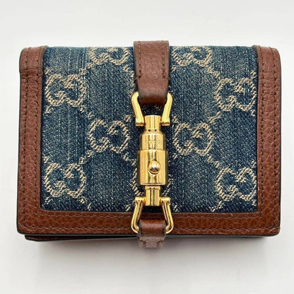 Gucci Authentic Jackie 1961 GG Print Indigo Denim Leather Compact Wallet 8x11 cm