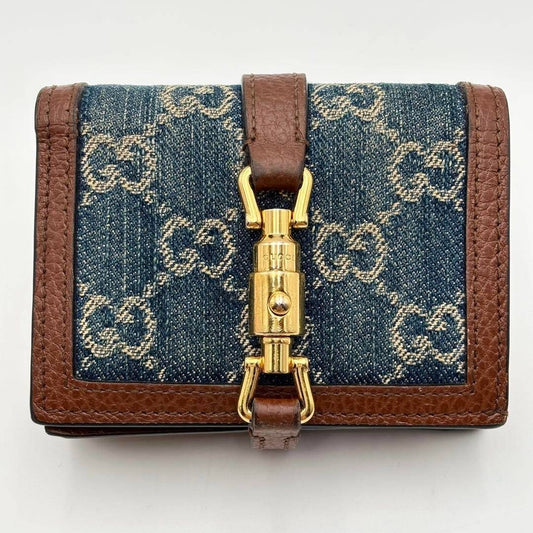Gucci Authentic Jackie 1961 GG Print Indigo Denim Leather Compact Wallet 8x11 cm