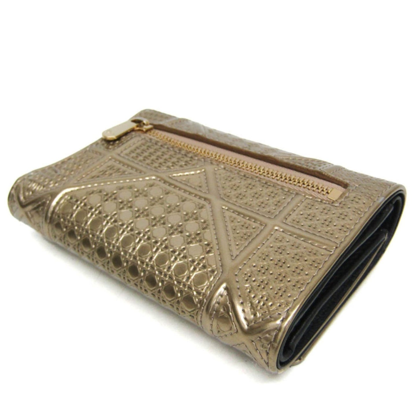 Dior Champagne Gold Micro Cannage Patent Leather Diorama Trifold Wallet Auth