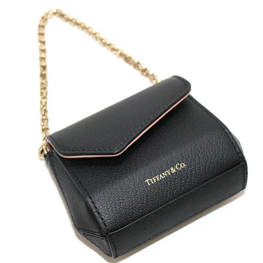 Near Mint Tiffany & Co Leather T Nano Mini Bag Pouch Black Gold Tone Chain