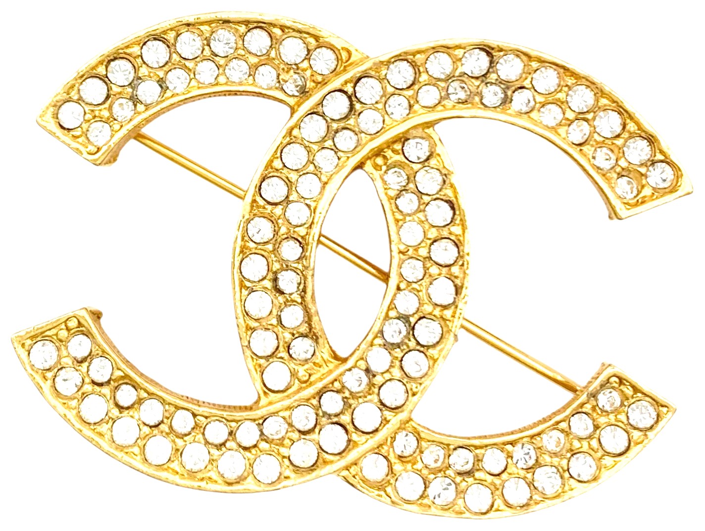 CHANEL CC Logo Brooch Pin Gold Tone Double Row Rhinestone Crystal Vintage Auth