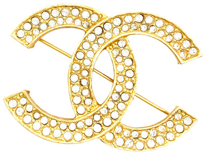 CHANEL CC Logo Brooch Pin Gold Tone Double Row Rhinestone Crystal Vintage Auth