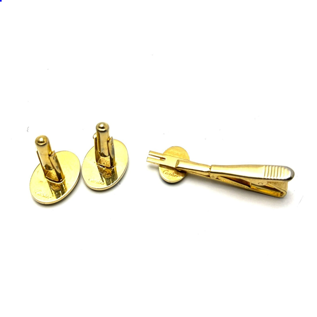 CARTIER 2C Logo Cufflinks Tie Pin Set Gold Tone Black Enamel Mens Accessories