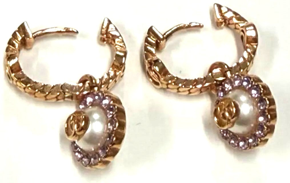 GUCCI Double G Flower Hoop Earrings Pink Gold Pearl Rhinestone 2.3cm Japan