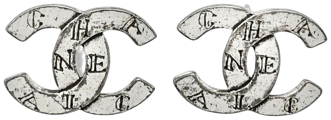 CHANEL 99A CC Logo Alphabet Silver Tone Stud Earrings Vintage Authentic