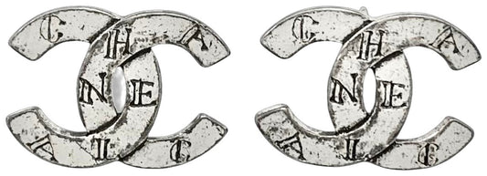 CHANEL 99A CC Logo Alphabet Silver Tone Stud Earrings Vintage Authentic