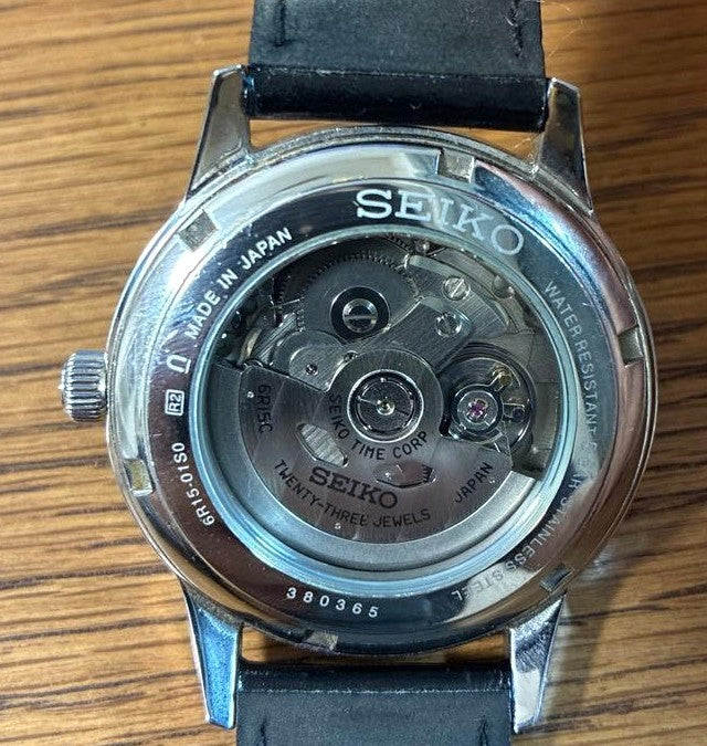 SEIKO Automatic 23 Jewels 6R15-01S0 Watch Silver Sunray Dial Date Leather Band