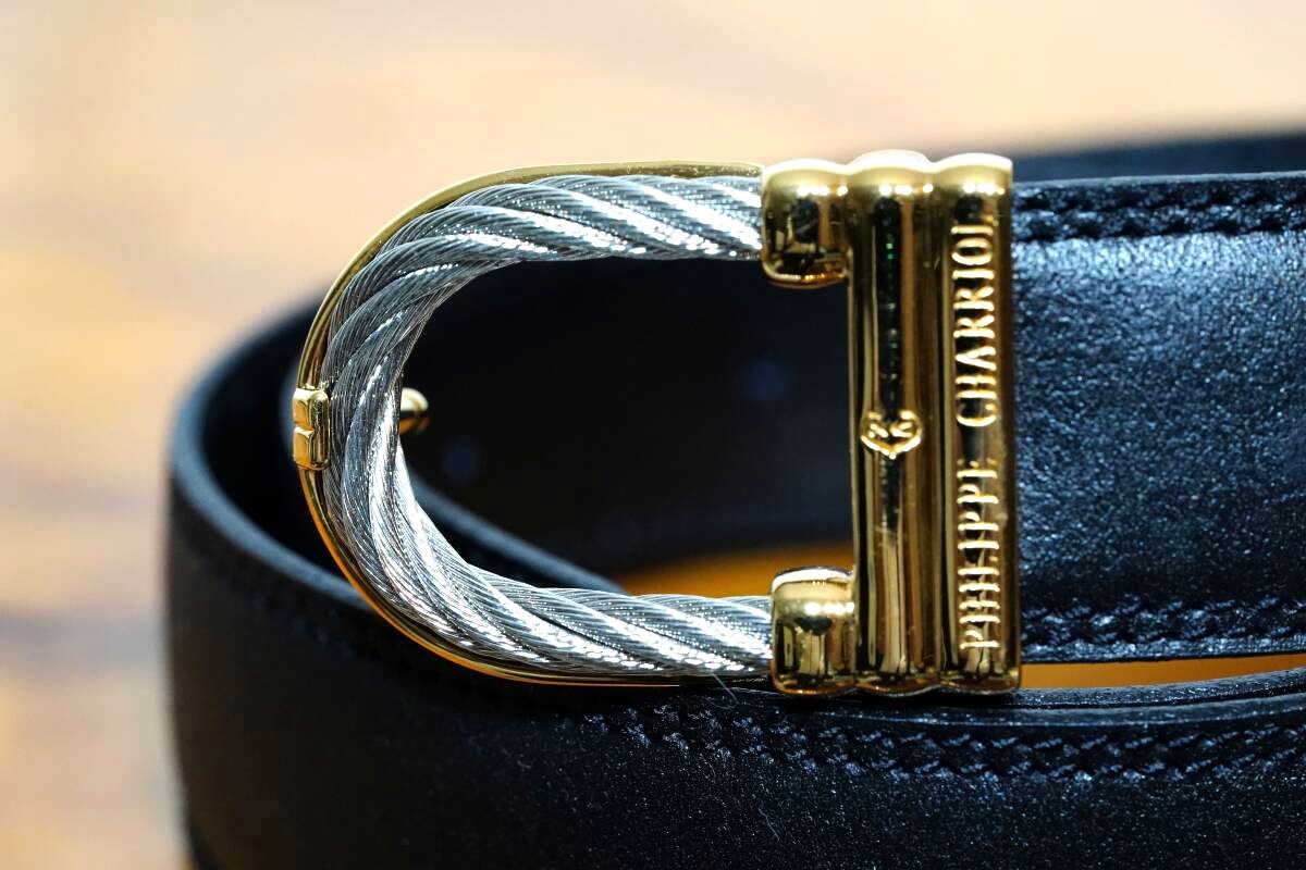 CHARRIOL Cable Buckle Leather Belt Black Gold Silver Hardware Made in France
