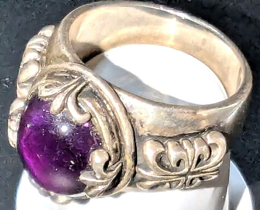 A&G Antique Silver 925 Ring Amethyst Cabochon Purple Stone Ornate VTG US11-11.5