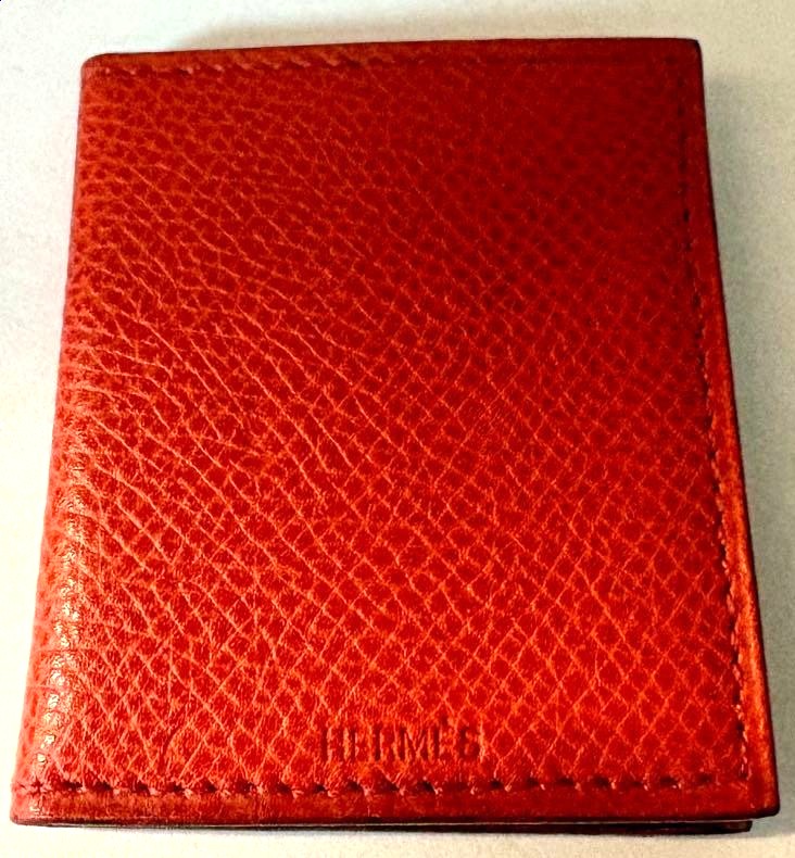 HERMES Card Case Mini Photo Holder Orange Leather Bifold 2.4x2.0in 6x5cm France