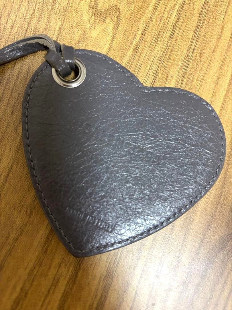 BALENCIAGA Heart Leather Bag Charm Mirror Keychain Gray Pendant Accessory Used