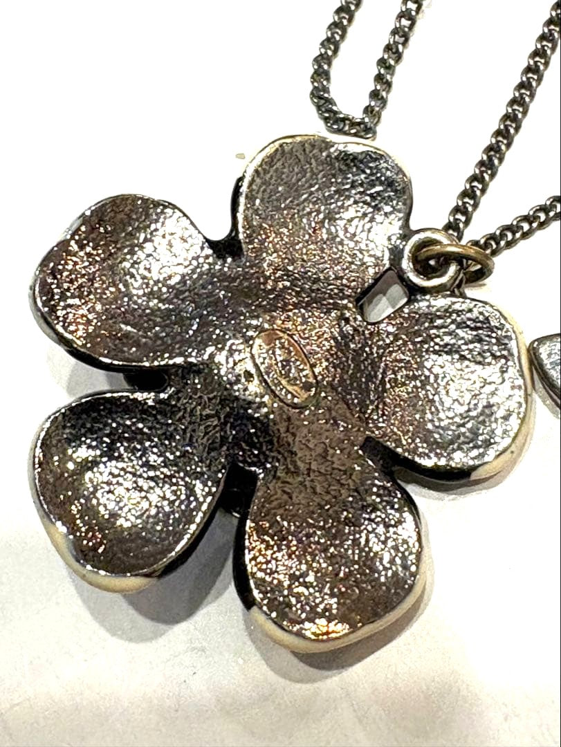 CHANEL CC Logo Camellia Flower Ladybug Dot Pendant Necklace Black Silver Vintage