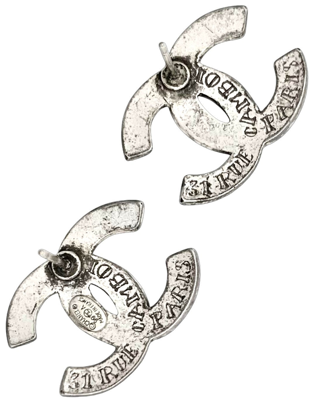 CHANEL 99A CC Logo Alphabet Silver Tone Stud Earrings Vintage Authentic