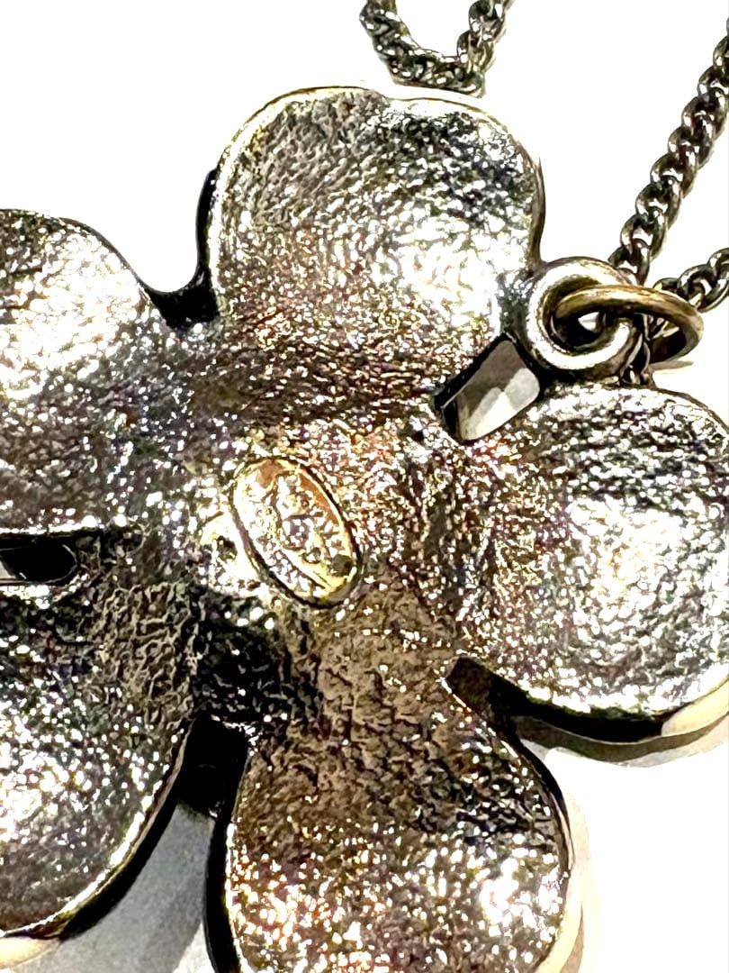CHANEL CC Logo Camellia Flower Ladybug Dot Pendant Necklace Black Silver Vintage