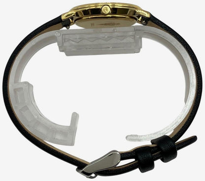 Gucci 3000.2.L Round Watch Black Dial Gold Tone Leather Band Quartz Swiss Made