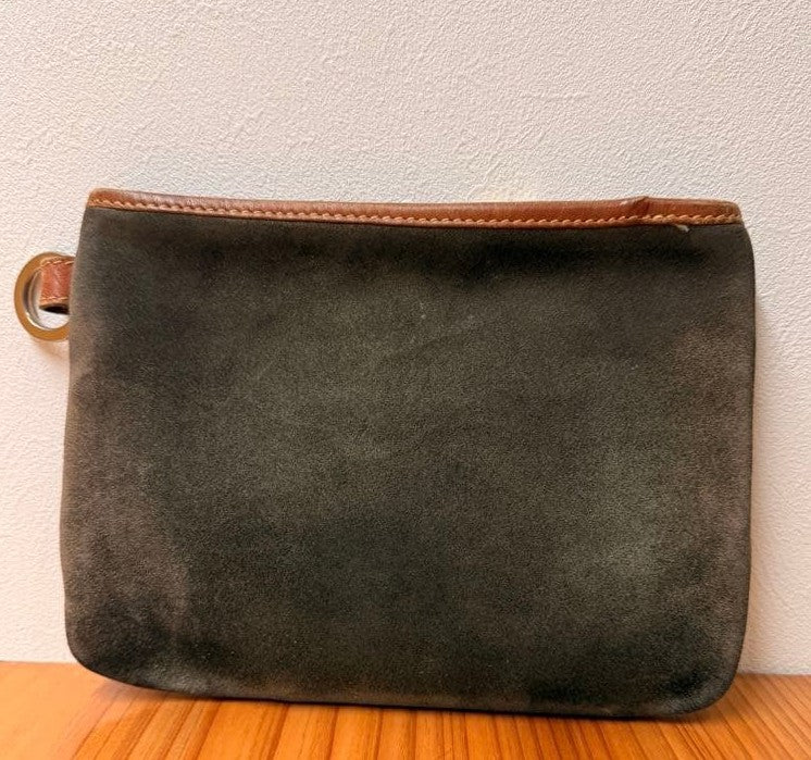 Loewe Dark Olive Suede Brown Leather Anagram Embossed Pouch Clutch