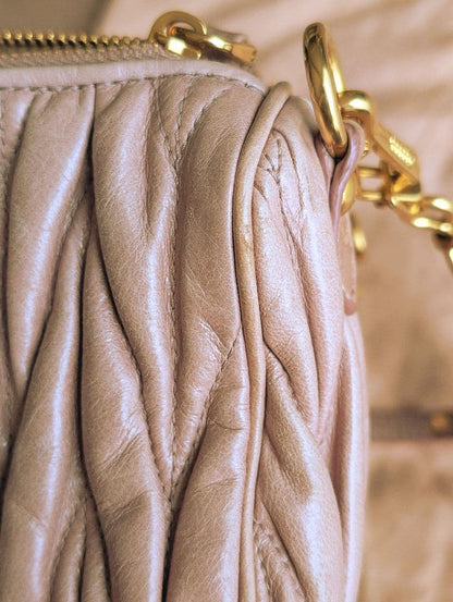 Miu Miu Matelasse Shoulder Bag Pink Beige Leather Gold Chain Padlock Authentic