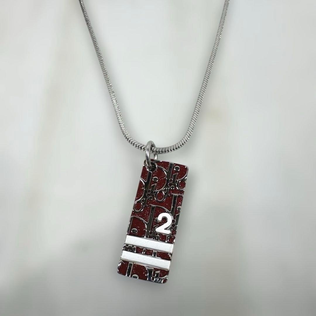 Christian Dior Trotter No2 Silver Tone Metal Red Square Plate Necklace