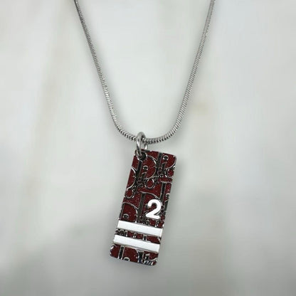 Christian Dior Trotter No2 Silver Tone Metal Red Square Plate Necklace