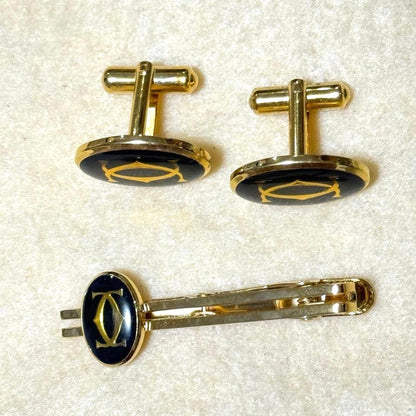 Cartier Double C Cufflinks Tie Bar Set Navy Gold Enamel Oval Logo Mens Formal