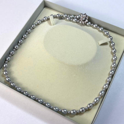 Akoya Pearl Long Necklace Blue Gray 8mm Flower Clasp Silver 25.6in Japan